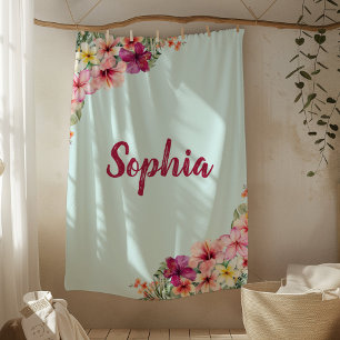 Monogram Roze Hibiscus Bloemen Tropisch Bloemmotie Fleece Deken