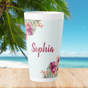 Monogram Roze Hibiscus Bloemen Tropisch Bloemmotie Latte Mok