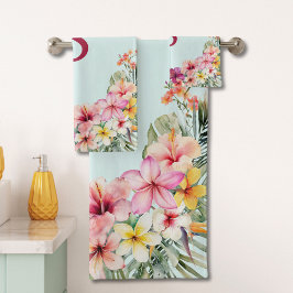 Monogram Roze Hibiscus Bloemen Tropische Bloemen Bad Handdoek