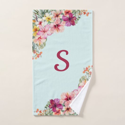Monogram Roze Hibiscus Bloemen Tropische Bloemen Bad Handdoek (Handdoek)