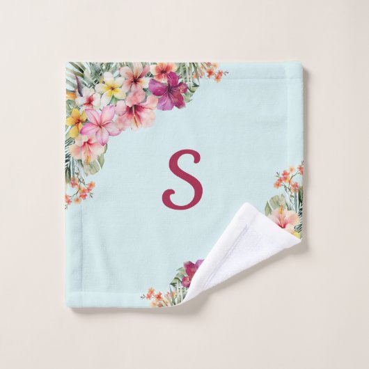 Monogram Roze Hibiscus Bloemen Tropische Bloemen Bad Handdoek (Wasdoekje)