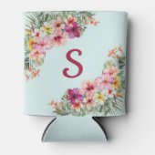 Monogram Roze Hibiscus Bloemen Tropische Bloemen Blikjeskoeler (Voorkant)