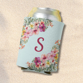 Monogram Roze Hibiscus Bloemen Tropische Bloemen Blikjeskoeler