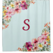Monogram Roze Hibiscus Bloemen Tropische Bloemen Douchegordijn (Voorkant)