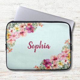 Monogram Roze Hibiscus Bloemen Tropische Bloemen Laptop Sleeve