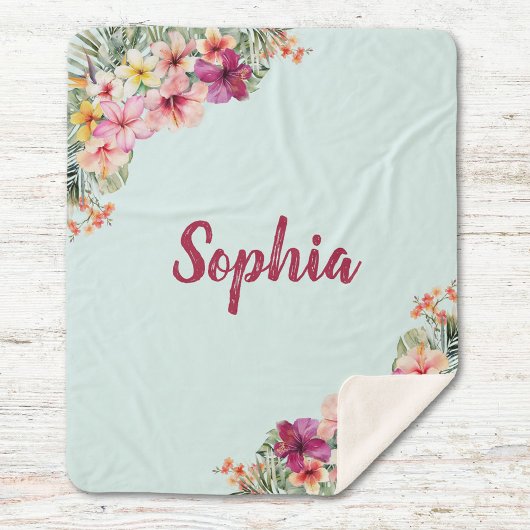 Monogram Roze Hibiscus Bloemen Tropische Bloemen Sherpa Deken