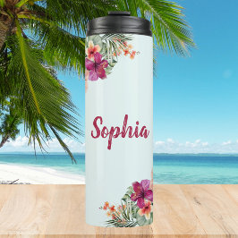 Monogram Roze Hibiscus Bloemen Tropische Bloemen Thermosbeker