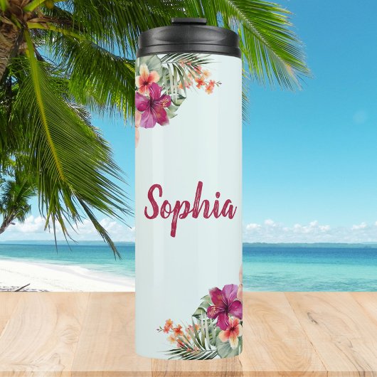 Monogram Roze Hibiscus Bloemen Tropische Bloemen Thermosbeker