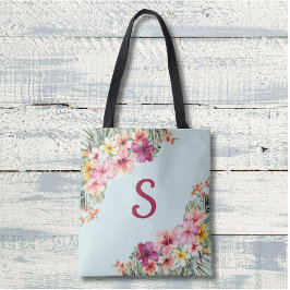 Monogram Roze Hibiscus Bloemen Tropische Bloemen Tote Bag