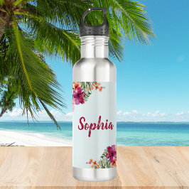 Monogram Roze Hibiscus Bloemen Tropische Bloemen Waterfles