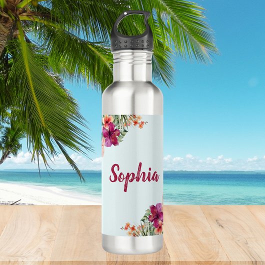 Monogram Roze Hibiscus Bloemen Tropische Bloemen Waterfles