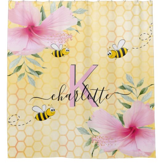 Monogram roze honingroze bijenkoraal douchegordijn (Voorkant)