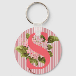 Monogram Roze Hortensia Bloemen Strepen Meisjesach Sleutelhanger