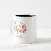 Monogram roze Initiaal Letter V Tweekleurige Koffiemok (Voorkant links)