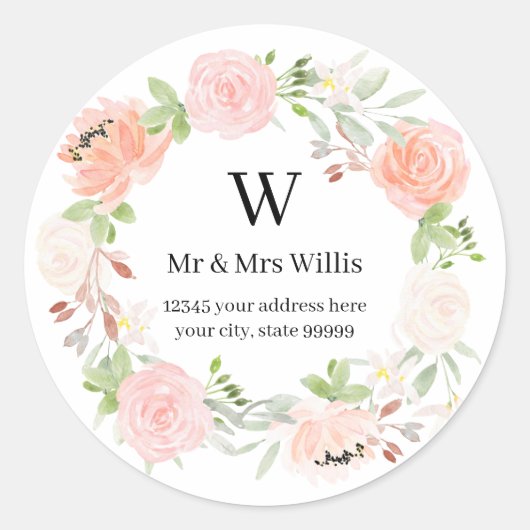 Monogram Roze Ivoor Roos Bloem Retouradres Ronde Sticker (Voorkant)