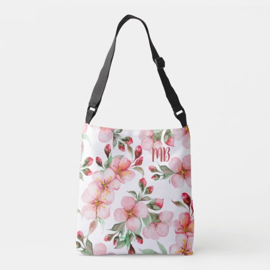 Monogram Roze Kersenbloesem Waterverf Bloemen Crossbody Tas (Achterkant)