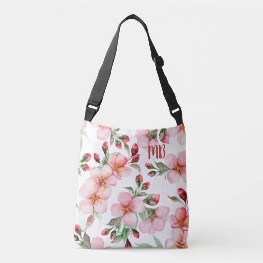 Monogram Roze Kersenbloesem Waterverf Bloemen Crossbody Tas (Voorkant)