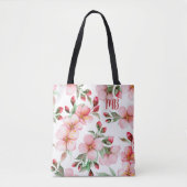 Monogram Roze Kersenbloesem Waterverf Bloemen Tote Bag (Voorkant)