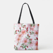 Monogram Roze Kersenbloesem Waterverf Bloemen Tote Bag (Achterkant)