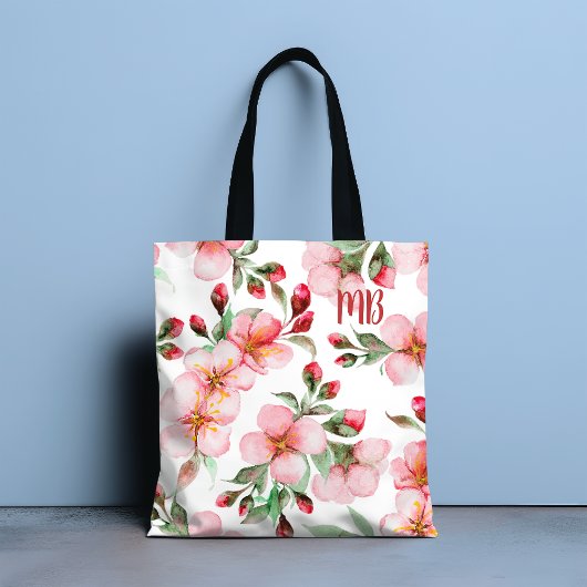 Monogram Roze Kersenbloesem Waterverf Bloemen Tote Bag