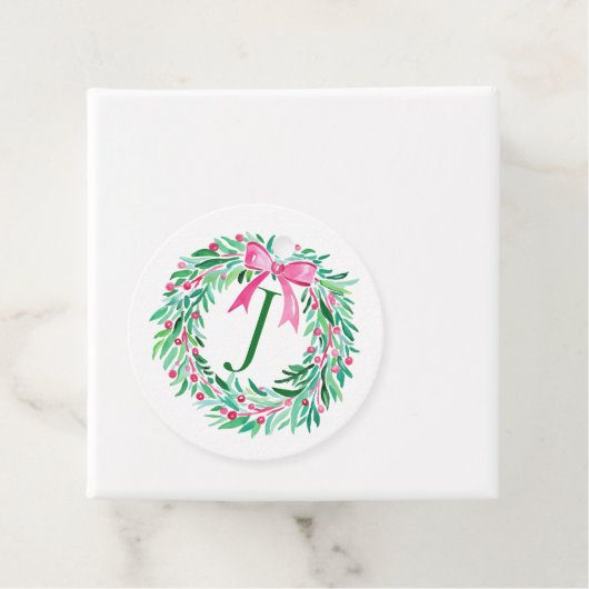 Monogram Roze Kerstkrans Gift Label (In situ)
