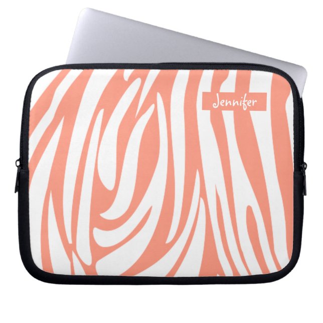 Monogram roze koraal gestreept Zebra Pattern Trend Laptop Sleeve (Voorkant)