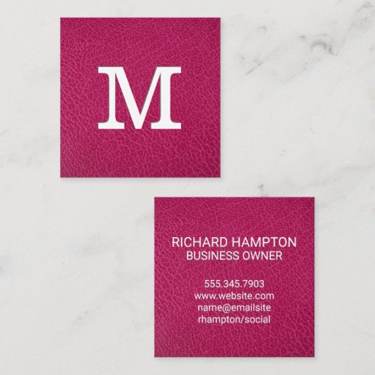 Monogram | Roze lederen textiel Vierkante Visitekaartje (Voorkant / Achterkant)