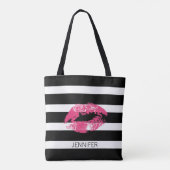 Monogram roze lippen en zwarte witte strepen tote bag (Achterkant)