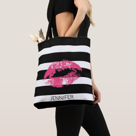Monogram roze lippen en zwarte witte strepen tote bag (Dichtbij)