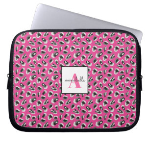 Monogram roze luipaard printpatroon op maat laptop sleeve