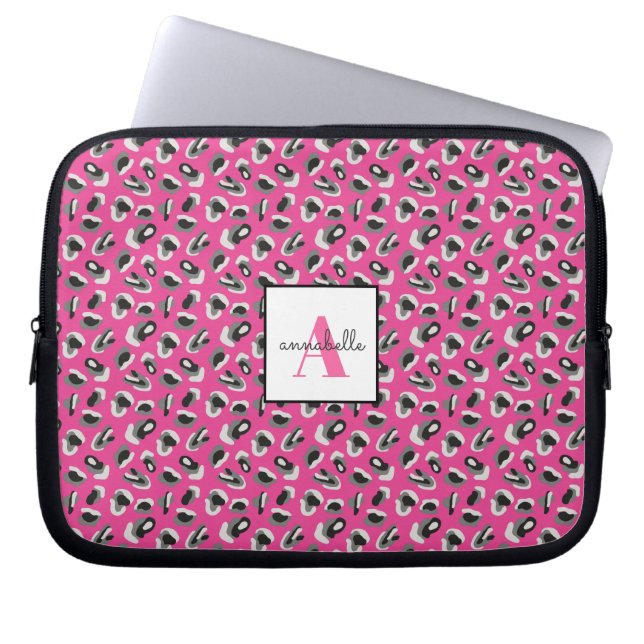 Monogram roze luipaard printpatroon op maat laptop sleeve (Voorkant)