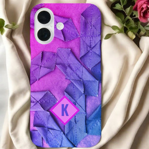 Monogram roze magenta paarse blauw ombre abstract iPhone 16 hoesje