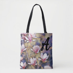 Monogram Roze magnolia filiaal waterverf paars Tote Bag