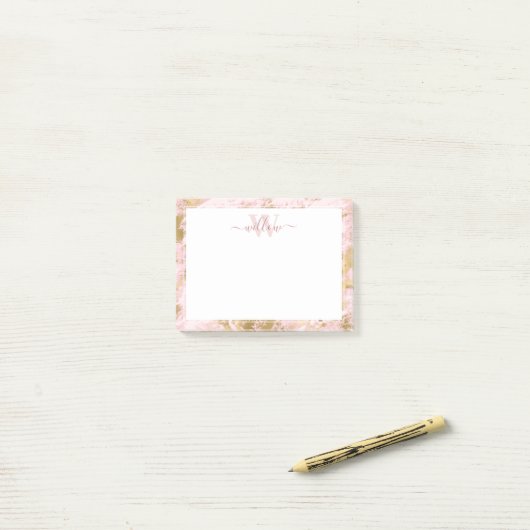 Monogram Roze Marble Golden Folie Post-it Notes (Op bureau)