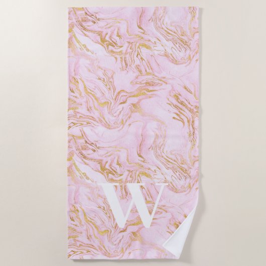 Monogram Roze Marmer Gouden Glitter Strandlaken (Voorkant)