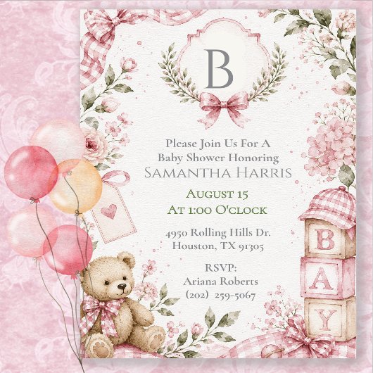 Monogram Roze Meisje Baby Borrel Kaart