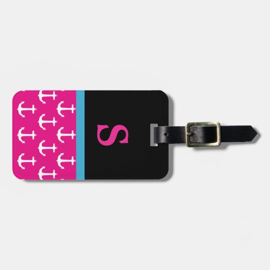 Monogram Roze Nautical Anchor Pattern Bagagelabel (Voorkant horizontaal)