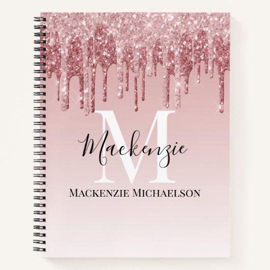 Monogram Roze Ombre Glitter Naam Notitieboek (Voorkant)