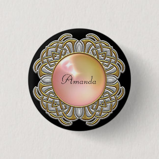Monogram Roze Opal Pearl Jewel Gold Bezel op zwart Ronde Button 3,2 Cm