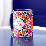 Monogram Roze oranje blauw Mexicaanse tegels Mok<br><div class="desc">Monogram Roze oranje blauw Mexicaanse tegels gepersonaliseerde naam mok. Heldere opvallende kleuren voor speciale gelegenheid kunnen worden als een geschenk,  bruidsmeisje geschenken,  bruids partij gunsten of elke gelegenheid cadeau</div>