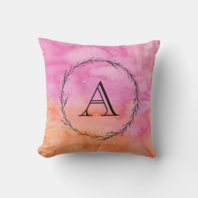 Monogram roze oranje waterverf kussen initiaal (Voorkant)