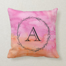 Monogram roze oranje waterverf kussen initiaal