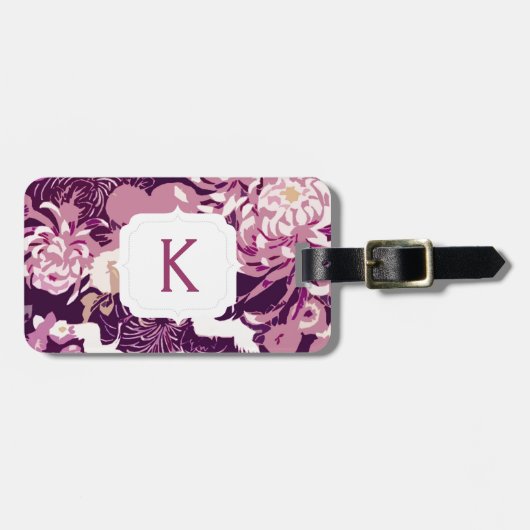Monogram  Roze paarse bloemen en vogels Bagagelabel (Voorkant horizontaal)