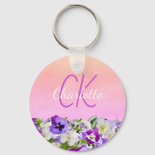 Monogram roze paarse florale paniekjes naam script sleutelhanger (Voorkant)