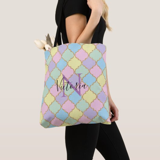 Monogram Roze Paarse kleuren Gold Glitter Modern Tote Bag (Dichtbij)