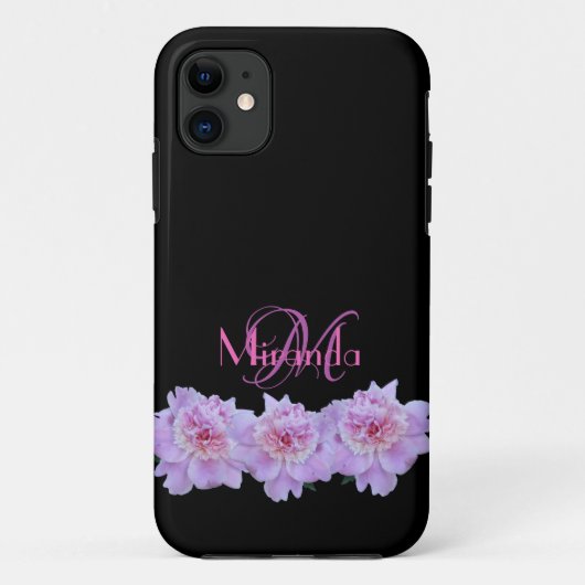 Monogram Roze Paarse Pioenen Chique Retro Typograf Case-Mate iPhone Case (Achterkant)