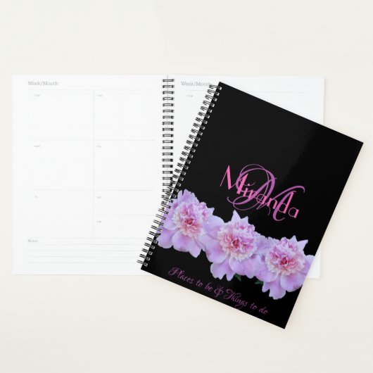 Monogram Roze Paarse Pioenen Chique Retro Typograf Planner (Display)