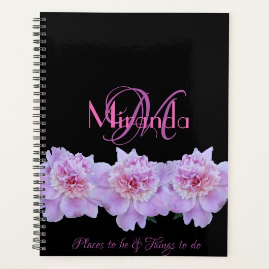 Monogram Roze Paarse Pioenen Chique Retro Typograf Planner (Voorkant)