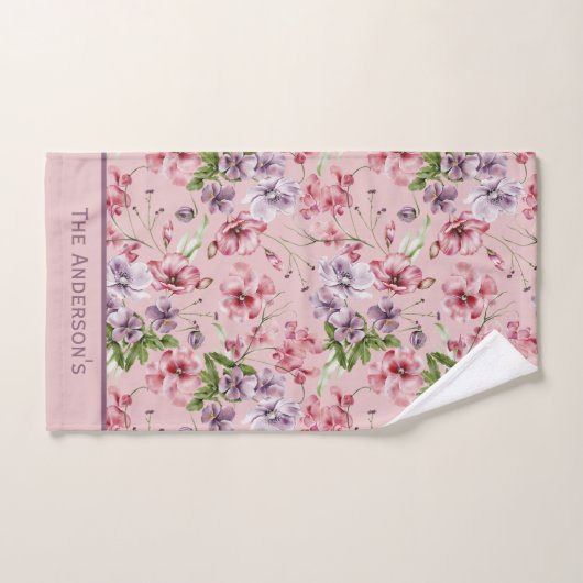 Monogram Roze Paarse Roos Groene Bloem Groene Blad Bad Handdoek (Handdoek)