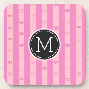 Monogram roze Paarse strips Modern Heart Patroon Drankjes Onderzetter